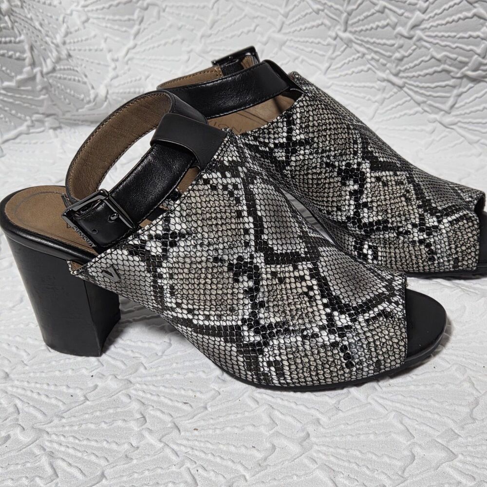 Vionic Kaia Snake Print Block Heel Sandals Peep Toe Arch Support Wmns Sz 8 VS372
